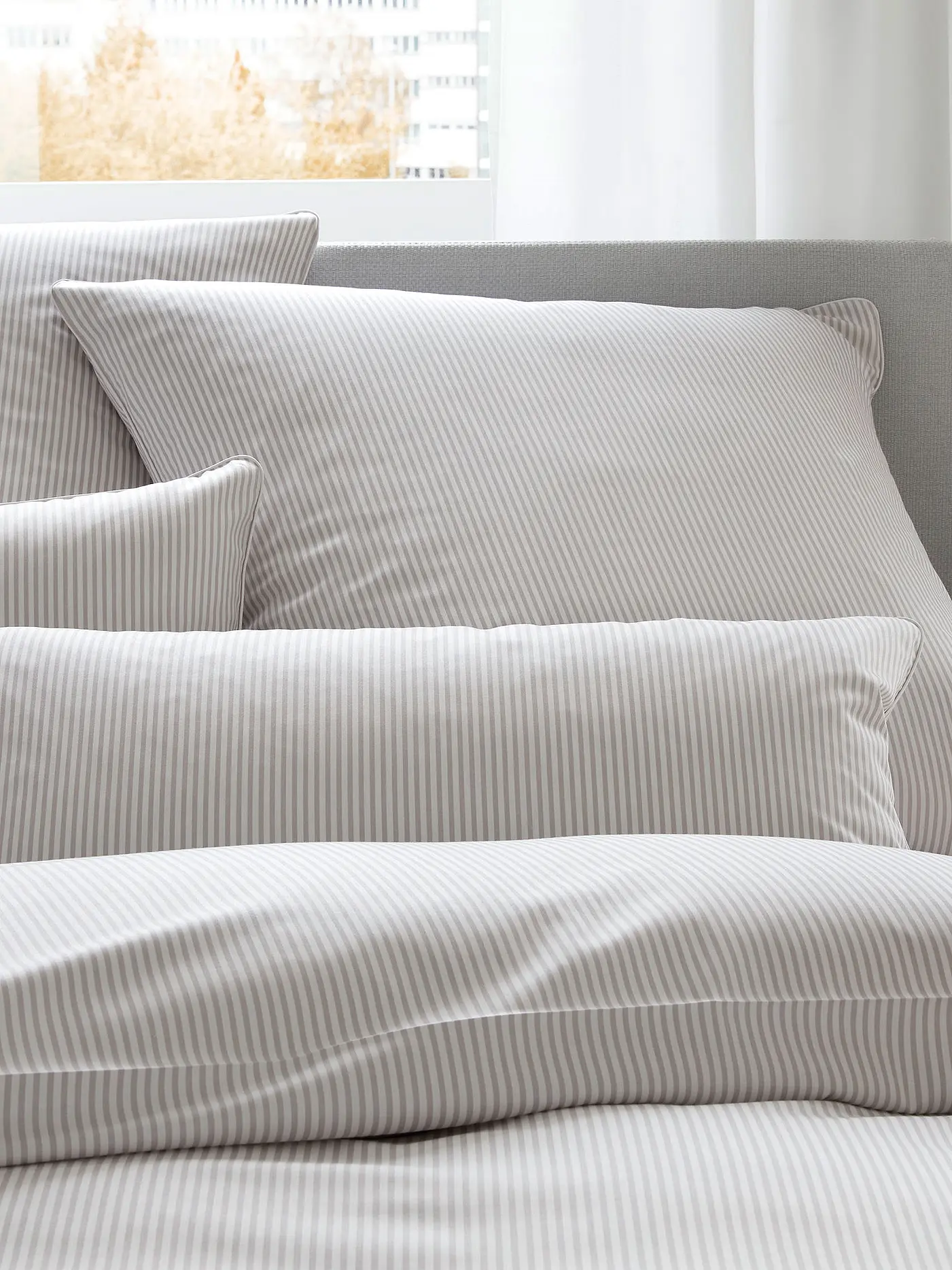 ELEGANTE | Satin Bettwäsche Hamburger Streifen 140x200cm Grau/Weiss | beige